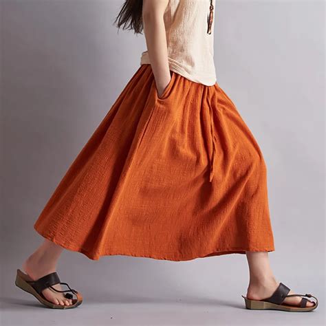 Summer Style Solid Cotton Linen Women Long Skirt Brand Casual Loose