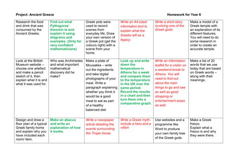 Homework Grid Ancient Greece Year 6