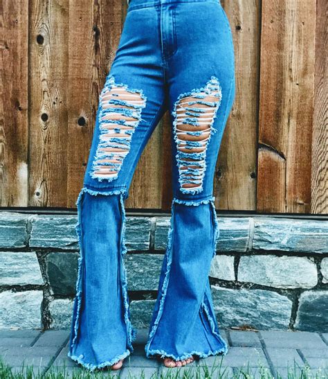 New Item High Waisted Distressed Bell Bottom Jeans Medium Denim