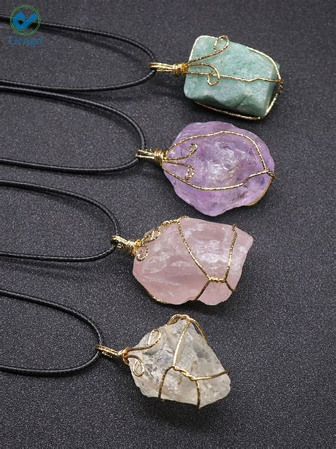 Deago Natural Gemstones Healing Crystal Stone Necklace Wire Wrapped