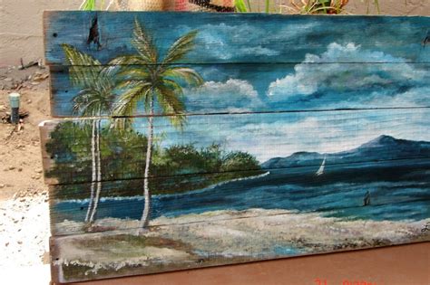 Reclaimed Wood Wall Art Tropical ocean Beach seascape Palm | Etsy