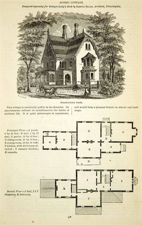 1862 Wood Engraving Victorian Gothic Cottage Samuel Sloan Architectura