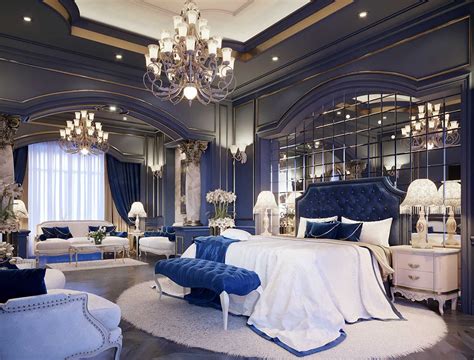 Stunning Navy Blue Luxury Bedroom Decor With Blue Velvet Tufted Bed