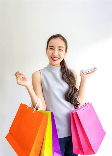 Beautiful Asian Girl Carrying Shopping Bags Shopping Woman Smiling