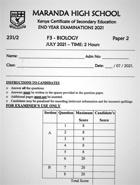 Maranda Biology Pp2 Form 3 End Of Term 3 2021 Past Paper With Marking