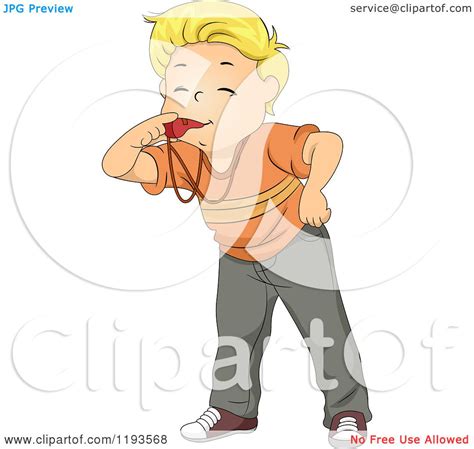 Cartoon Of A Blond Caucasian Boy Blowing A Whistle Royalty Free