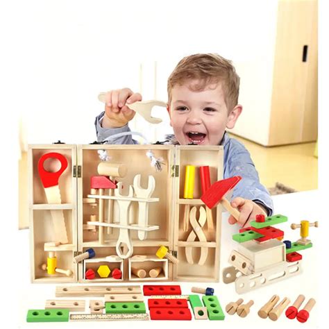 Wooden Carpenter Builder Building Kits Tool Box Construction Set Toy