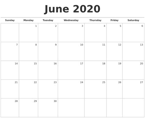 June 2020 Blank Monthly Calendar