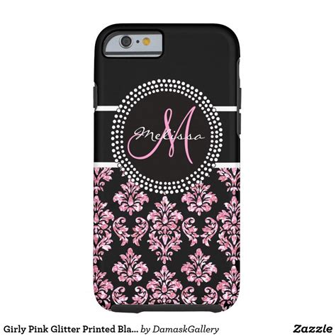Girly Pink Glitter Printed Black Damask Monogram Case Mate Iphone Case