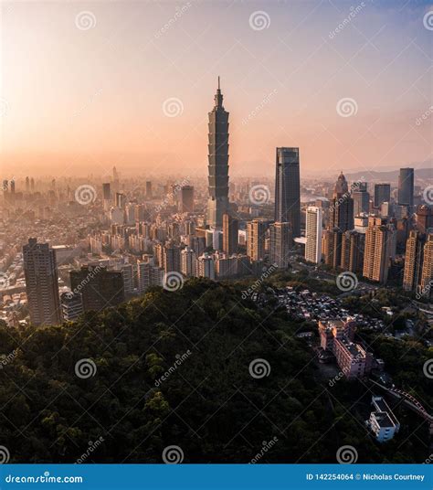 Aerial Drone Photo Sunset Over Taipei Skyline Taiwan Taipei 101