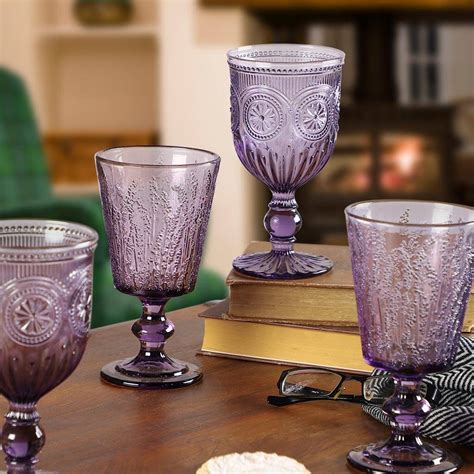 Dibor Set Of Four Purple Embossed Wine Glasses