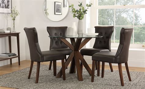 Hatton Round Dark Wood And Glass Dining Table With 4 Bewley Brown Leather Chairs Furniture Choice