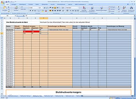 Excel tabelle & pdf vorlage. Blutdruckmesstabelle zum ausdrucken - Bürozubehör