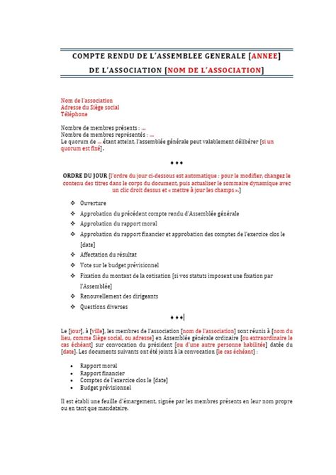 Modèle Compte Rendu Dassemblée Générale Dassociation Loi 1901