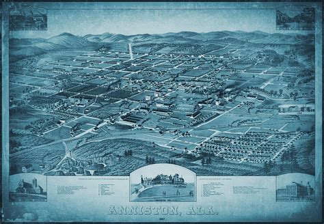 Anniston Alabama Historical Vintage Map Birds Eye View 1887 Blue