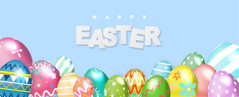Happy Easter Blue Banner With Colorful Eggs 697334 Vector Art At Vecteezy