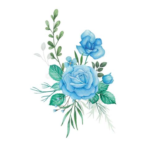 Watercolor Flowers Bouquet And Arrangement With Blue Roses And Green