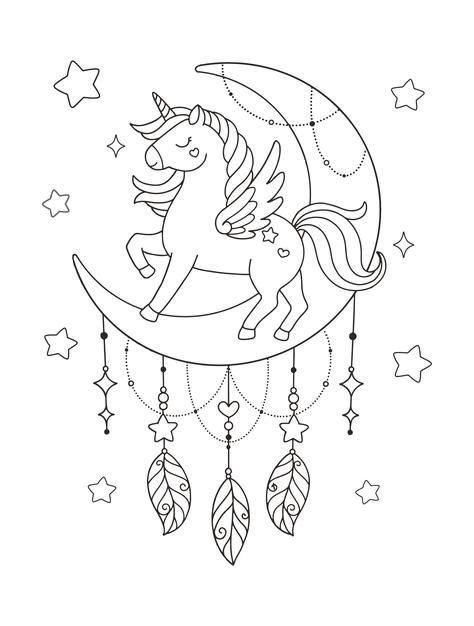 Unicornio En La Luna Página Para Colorear De Fantasía Vector Premium