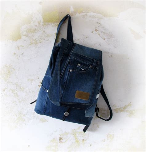 Upcycled Dark Blue Jean Backpack Unisex Recycled Denim Rucksack Vegan