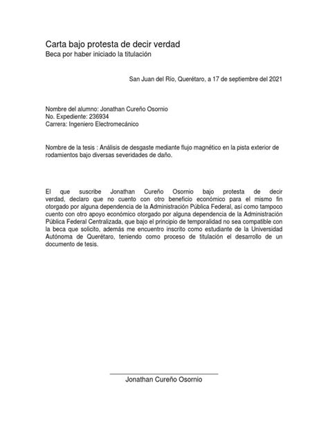 Carta Bajo Protesta De Decir Verdad Pdf