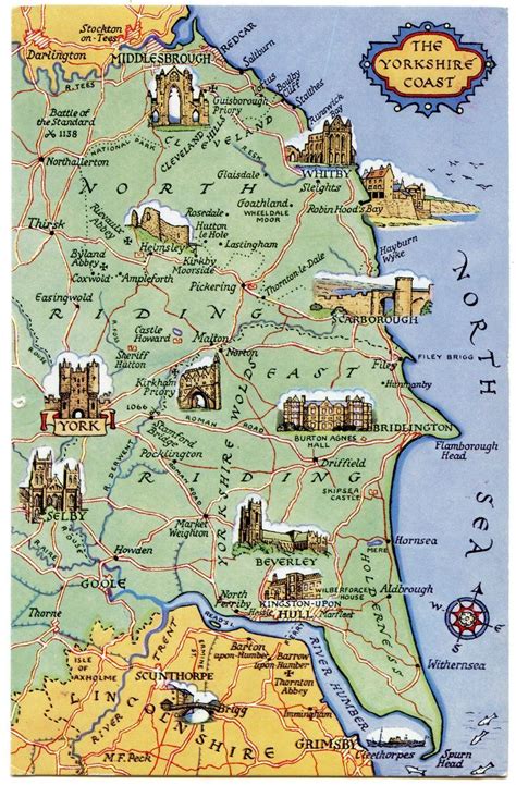 Postcard Map Of The Yorkshire Coast Yorkshire England Yorkshire