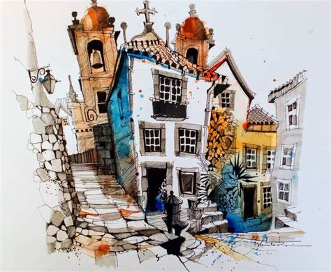 Urban Sketches Colorfully Painted Watercolor Architecture Urban