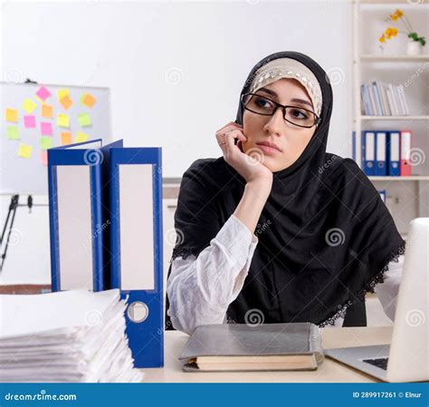female employee in hijab working in the office stock image image of muslim arab 289917261