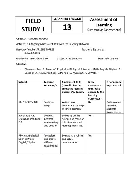 Field Study 1 Episode 13 Field Study 1 Learning Episode Assessment Of