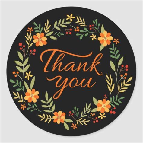 Floral Black Thank You Orange And Green Flowers Classic Round Sticker