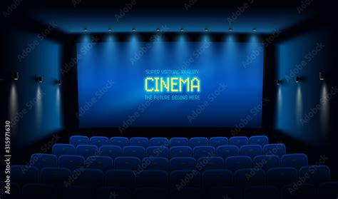 Empty Movie Theatre Dark Cinema Hall With With Blue Screen Modern