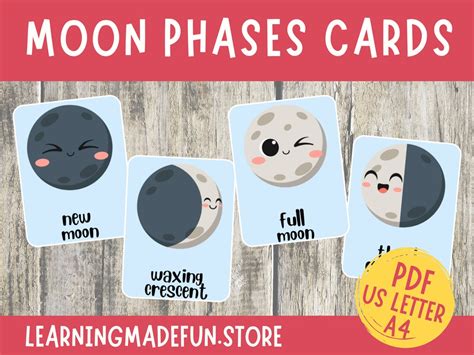 Moon Phases Flashcards Phases Of The Moon Cards Printable Etsy