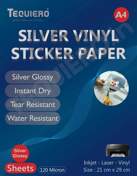 Silver Sticker Paper Glossy Vinyl A4 Size Waterproof Non Tearable