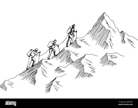 Climbers Climb The Mountain Graphic Black White Landscape Sketch