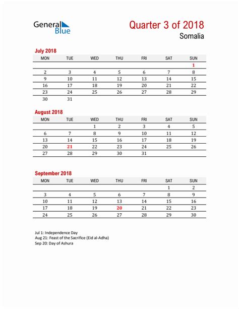 Printable Three Month Calendar With Somalia Holidays