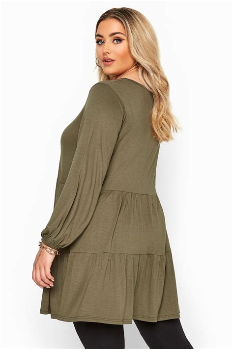 Khaki Balloon Sleeve Tiered Smock Tunic Yours Clothing