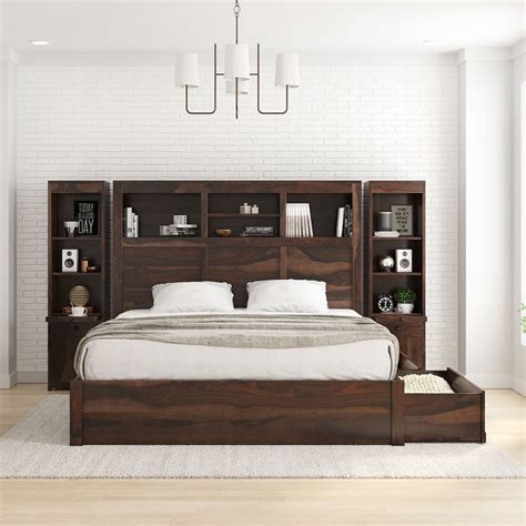 Queen Storage Bed With Bookcase Headboard Double Bunk Bed With Desk