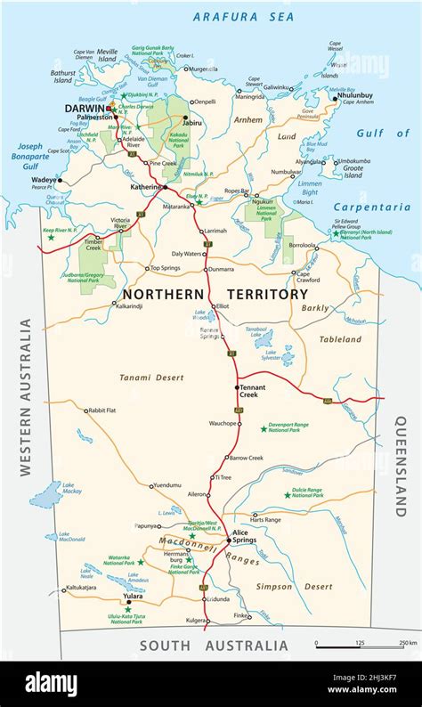 Road And National Park Map Of The Northern Territory Australia Stock