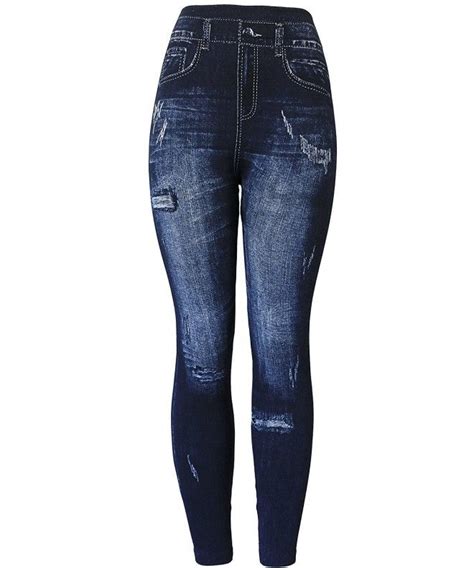 Womens Denim Print Fake Jeans Leggings Ripped Blue Ci12780p8fx Denim Women Denim Print