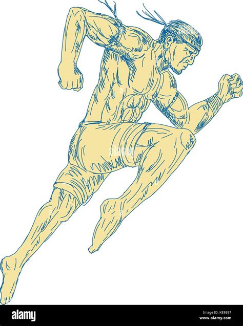 Drawing Sketch Style Illustration Of A Muay Thai Fighter Kicking