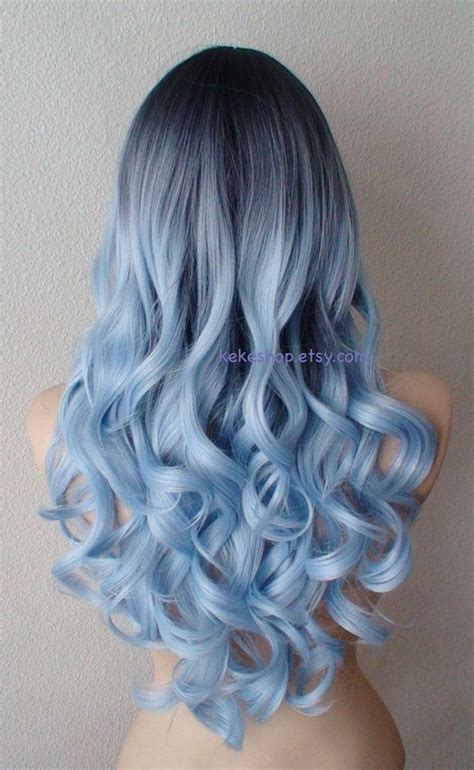 Dark Roots Pastel Silver Blue Wig Long Curly Hair Long Side Etsy