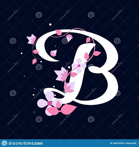 Letra Branca B Com Flores Ilustração Alfabética Em Azul Escuro
