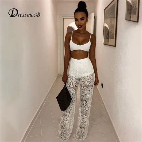 Dressmecb New Sexy Two Piece Set Short Top And Long Lace Pants 2 Piece Set Women Party Nightclub