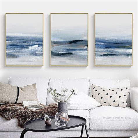 Framed Wall Art Set Of Prints Modern Abstract Ocean Navy Blue Wave Seascape Prints Painting