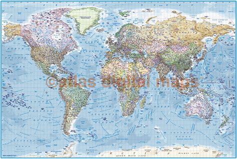 World Wall Map Print Vinyl Political And Ocean Contour Relief Medium