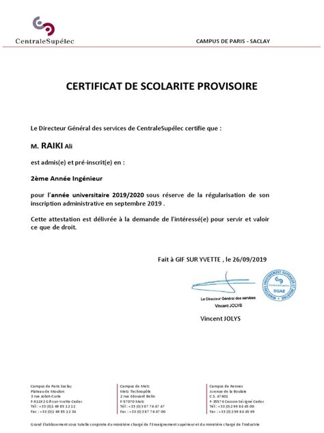 Certificat De Scolarité 2019 Pdf