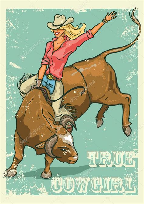 Rodeo Cowgirl Riding A Bull Retro Style Poster Stock Vector Image By ©nataliahubbert 43418999