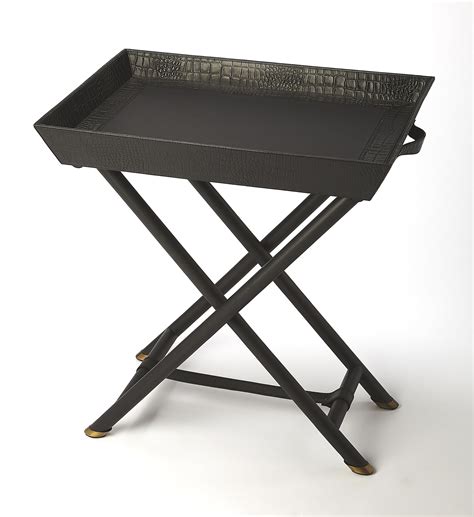 Butler Bronco Black Leather Folding Tray Table
