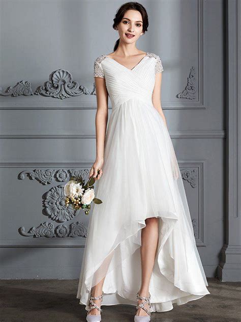 A Line Princess V Neck Short Sleeves Asymmetrical Tulle Wedding Dresses Wedding Dresses High
