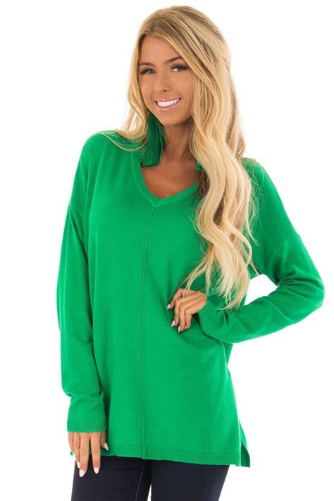 Kelly Green V Neck Long Sleeve Sweater Sweaters For Women Boutique