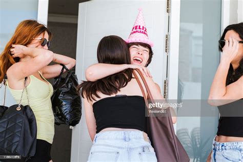 Girlfriends Celebrating Birthday Friends Surprising The Birthday Child